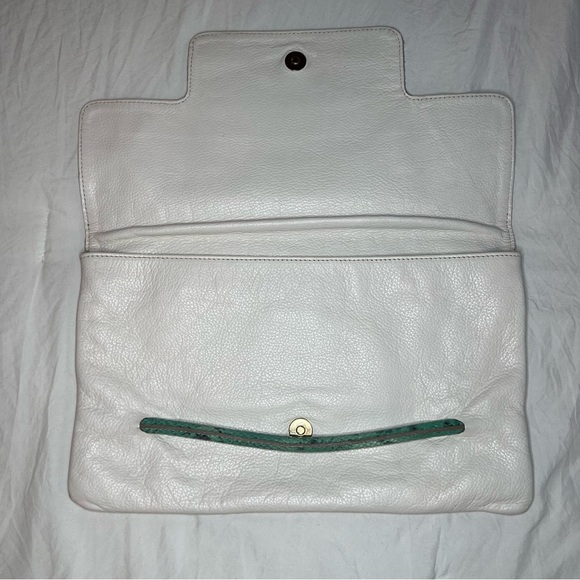 Iacucci White Pebbled Leather Large Clutch, Teal Snake Skin Leather Accent